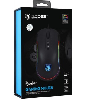 Mouse SADES REVOLUER, RGB con cable / 9 botones programables, 6 niveles ajustables DPI, sensor óptico ergonómico